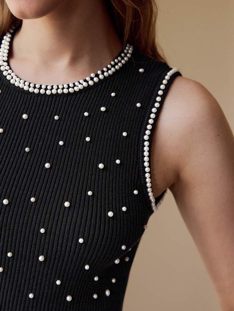 FAUX PEARL BEADED KNIT SWEATER VEST