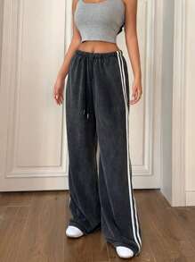 Muchica Women's Retro Distressed Snowflake Side Strap Loose Fit Casual Sports Pants