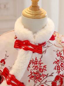 1pc Young Girl Chinese Style New Year Dress, Red Floral Padded Fabric Patchwork With White Fur Trim, Hanfu Dress, Warm Winter