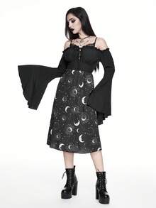 ROMWE Gaun Midi Wanita Gaya Gothic Dark Witch Moon & Star Forest dengan Lengan Mengembang dan Tali Renda, Model Off Shoulder, dan Hiasan Pita. - Hitam - View 6
