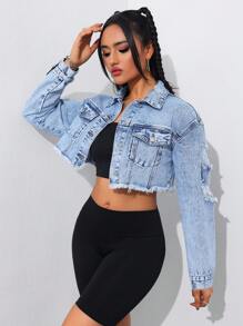 SHEIN Tall Áo khoác denim rách tua rua cho nữ cao cấp - Rửa nhẹ - Xem 3
