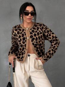 EURMUSE Women's Loose Fit Single-Breasted Leopard Print Round Neck Cardigan, Long Sleeve,Petite Cardigans,Cardigans
