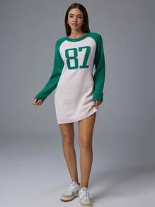 Flirla Women's Solid Color Patchwork Round Neck Long Sleeve Minimalist Casual Knit Sweater Dress With Digit Pattern Details