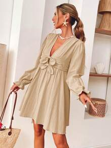 SHEIN VCAY Women's Casual Solid Color Deep V-Neck Ruffled Sleeve Bow Decor Mini Dress - Khaki - View 4