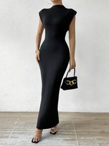 SHEIN PETITE Women's Black High Collar Versatile Shoulder Pad Bodycon Sleeveless Dress