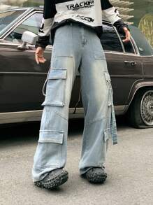 SHEIN Retro Vintage Blue Denim Loose Cargo Pants For Teenage Boys