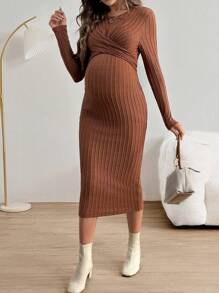 SHEIN Sukienka ciążowa na co dzień z okrągłym dekoltem i panelem z guzikami z przodu, długi rękaw