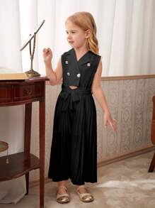 SHEIN Girls Casual Outfit White Woven Suit Jacket With Collar,Closure And White Chiffon Pleated Belted Jumpsuit, Summer