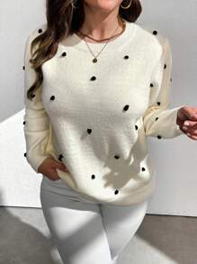 SHEIN Clasi Plus Size Women's Solid Color Round Neck Ruched Sleeve Textured Dot Pullover Sweater, Autumn/Winter Knit Pullover Fall - Beige - View 5