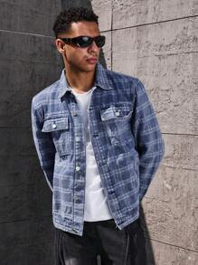 Manfinity LEGND Men's Front Button Long Sleeve Pocket Plaid Casual Denim Jacket - Light Wash - View 4