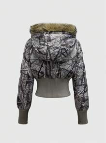ROMWE Grunge Punk Vintage Y2K Bare Branch Print Zip Up Hooded Patchwork Fluffy Padded Coat, Suitable For Snow - Green - View 2