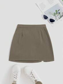 Sweetra 高腰开衩A字裙，美式设计风格休闲裙 Y2K - 卡其色 - 查看 2