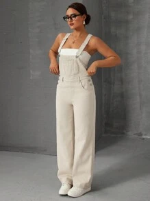 SHEIN ICON 女式简约休闲宽肩带纽扣连体裤 - 卡其色 - 查看 3