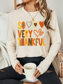 SHEIN LUNE 感恩节火鸡图案长袖女式 T 恤，适合秋冬季 - 杏色 - 查看 5