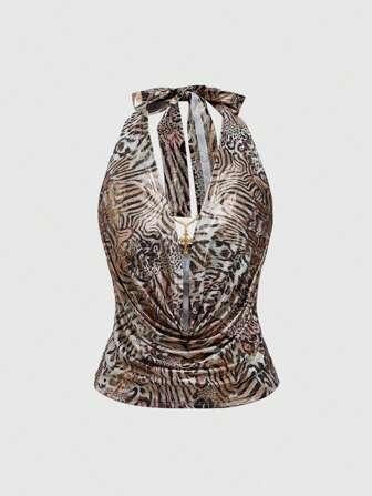 Grunge Punk Sexy Damen Tank Top mit tiefem drapiertem Ausschnitt, Leoparden- und Zebradruck, Metallic-Beschichtung, ärmellos