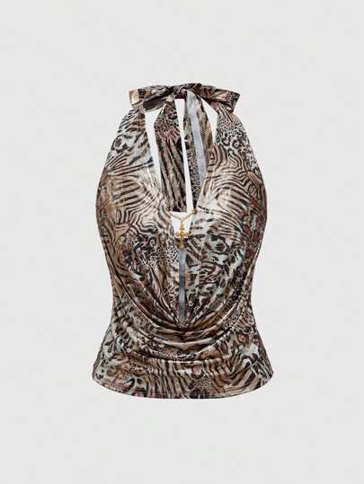 Grunge Punk Sexy Women's Deep Draped Neck Crosstrain Leopard Zebra Print Metallic Coating Sleeveless Tank Top