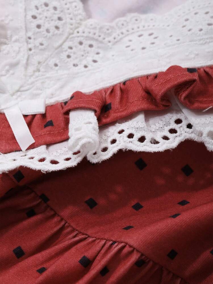 Polka Dot All-Over Print Contrast Color Lace Ruffle Collar Loose Nightgown Pajama