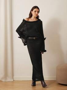 Chiquease Romantic Crochet Floral Off-Shoulder Long Sleeve Sweater And Skirt 2-Piece Set For Women  - Black - View 1