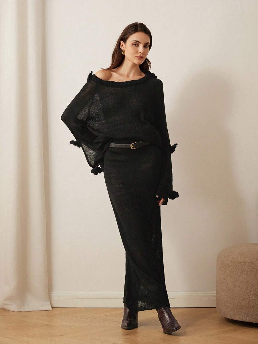 Chiquease Romantic Crochet Floral Off-Shoulder Long Sleeve Sweater And Skirt 2-Piece Set For Women - Black - View 1