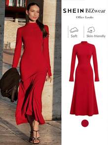 BizChic 圣诞红连衣裙，舒适的节日派对连衣裙，女士优雅通勤装，' - 紅色 - 查看 1