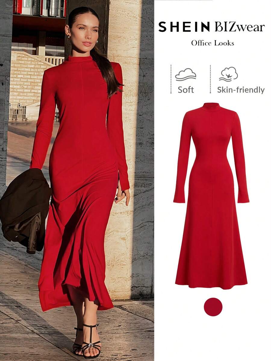 BizChic 圣诞红连衣裙，舒适的节日派对连衣裙，女士优雅通勤装，' - 紅色 - 查看 1