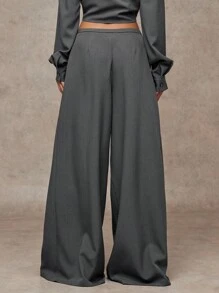 SHEIN BAE Quần dài xếp ly ống rộng màu xám trơn đa năng cho nữ, thích hợp mặc đi làm/đi chơi hàng ngày, phong cách đơn giản và cổ điển - Xám - Xem 2