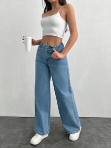 EURMUSE 100% Cotton WIDE LEG LOW WAIST JEANS - Light Wash - View 6