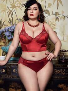 Plus Size Vintage French Lace Patchwork Bra, High Coverage Comfortable For Everyday Wear - Burgundy - View 5