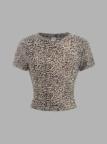 4pcs/Set Tween Girl Casual Round Neck Raglan Sleeve Leopard Print Fitted T-Shirt & Solid Color Knitted T-Shirt, Suitable For Spring & Summer, School, Campus, College - Multicolor - View 5