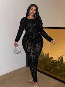 Slaydiva Plus Size Sexy Print Sheer Jumpsuit - Black - View 2