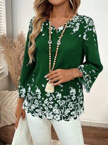 EMERY ROSE Women's Floral Print V-Neck 3/4 Sleeve Loose Blouse
