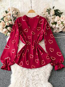 SHEIN LUNE 大码 V 领长袖心形印花休闲衬衫 - 彩色 - 查看 1