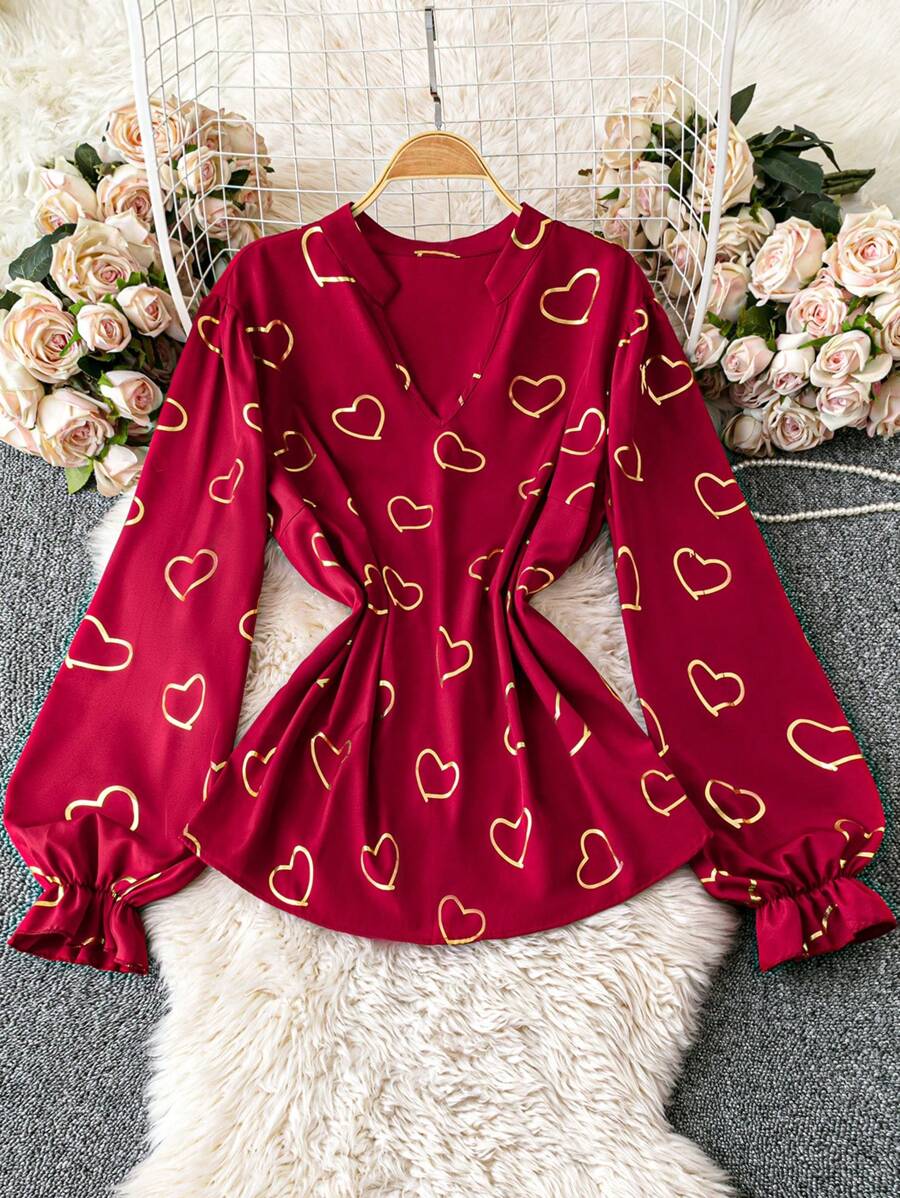 SHEIN LUNE 大码 V 领长袖心形印花休闲衬衫 - 彩色 - 查看 1