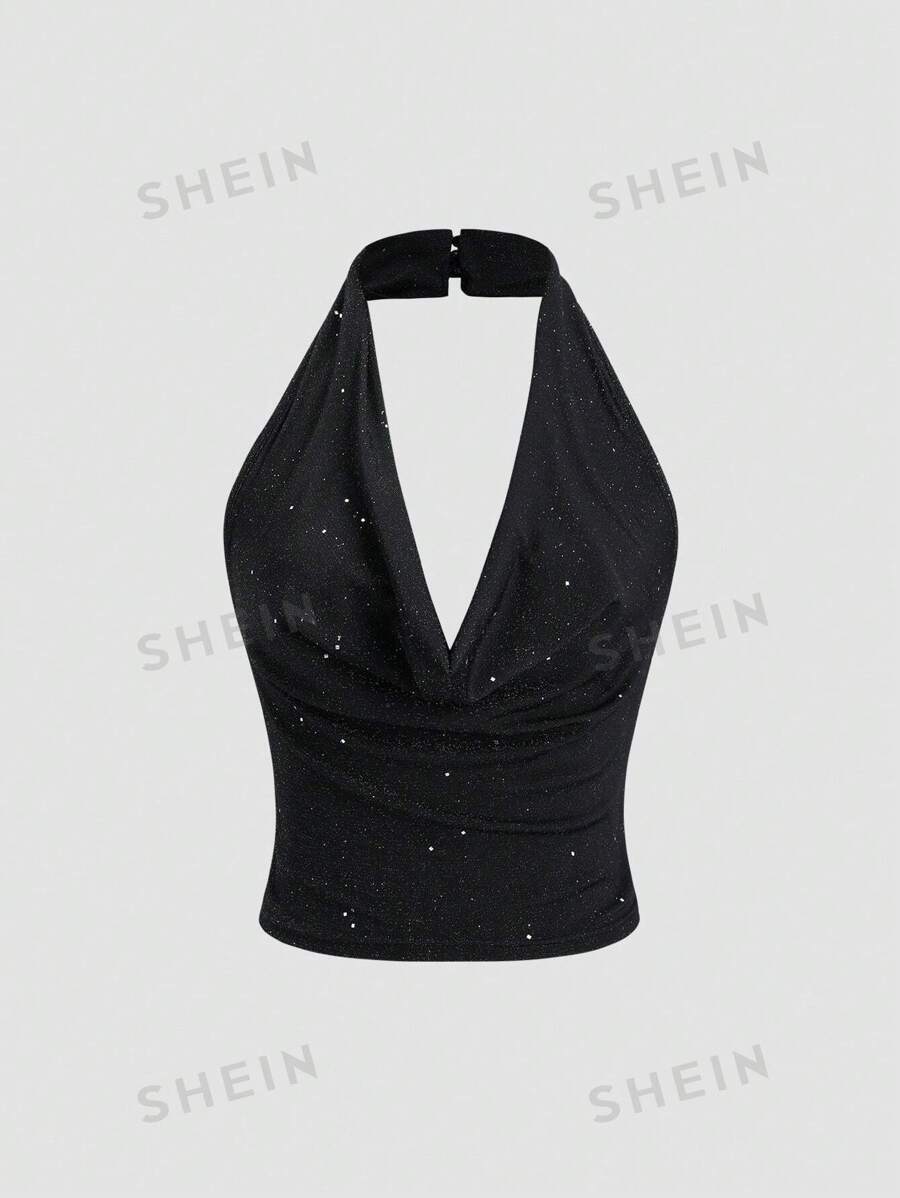 Sweetra Camiseta sin mangas de mujer con cuello de halter y lentejuelas a la moda