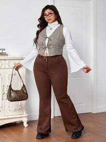 SHEIN MOD 大码弹力牛仔喇叭牛仔裤，棕色