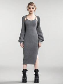 SHEIN Explorewe Teen Girls Solid Color Long Sleeve Cropped Cover Up And Slit Strap Dress 2 Pieces Co-Ords Set - Grey - View 1
