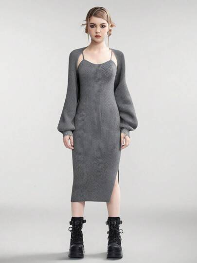 SHEIN Explorewe Teen Girls Solid Color Long Sleeve Cropped Cover Up And Slit Strap Dress 2 Pieces Co-Ords Set