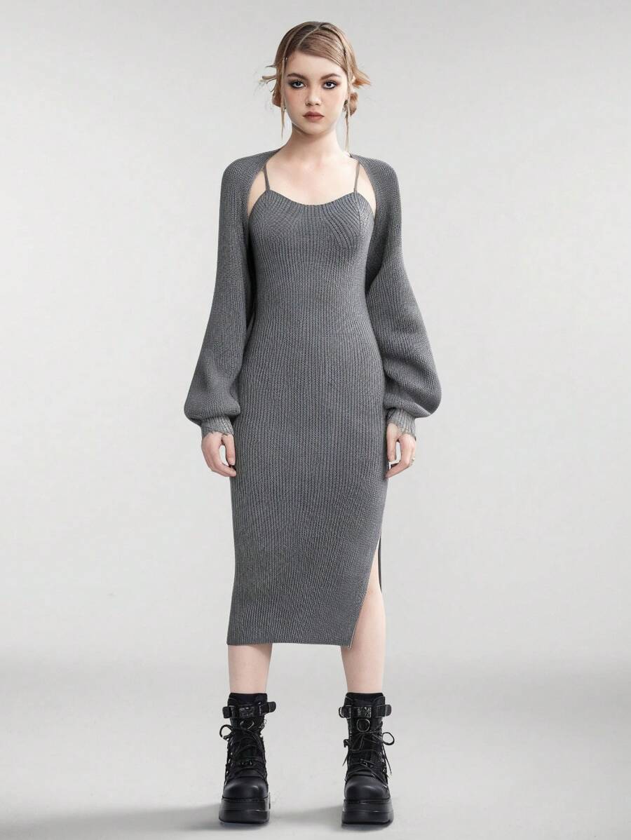SHEIN Explorewe Teen Girls Solid Color Long Sleeve Cropped Cover Up And Slit Strap Dress 2 Pieces Co-Ords Set - Grey - View 1