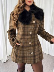 SHEIN Essnce Plus Size Women's Fashionable Casual Commuting Elegant Business Christmas Clothes Winter Clothes For Women Business Casual Woman Going Out Tops Women Vintage Winter Clothes Women Office Wear Women Winter Coat Coats For Women Winter Old Money Style Women Vintage Clothes Women Fluffy Coat Women Stitching False Collar Plaid Waist Coat