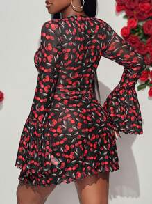 Slaydiva Váy ngắn tay dài bằng vải jacquard nhung bán trong suốt gợi cảm dự tiệc thanh lịch - Nhiều màu - Xem 2