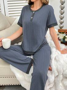 Contrast Color Patchwork Button-Up Round Neck Short Sleeve Casual Jacquard Women Loungewear Set