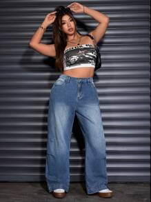 SHEIN EZwear Pantalon en jean large et ample à plis pour femmes grandes tailles, style décontracté de rue