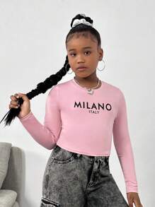 SHEIN Leap Crew Camiseta casual de manga larga con cuello redondo y estampado de letras para niñas preadolescentes