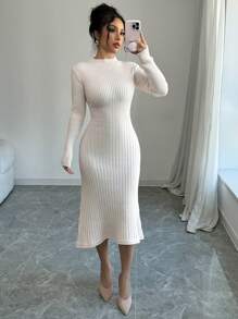 Elenzga Vestido suéter de malha maxi com decote alto e linha A feminino, comprimento longo e emagrecedor, outono/inverno - Damasco - Ver 1