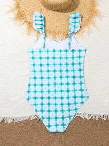 Traje de baño informal de una pieza con estampado de cuadros y ribete de volantes para chica adolescente