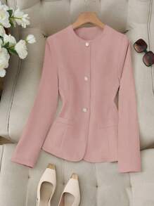 SHEIN LUNE Women Autumn Solid Color Round Neck Long Sleeve Single Breasted Blazer Jacket