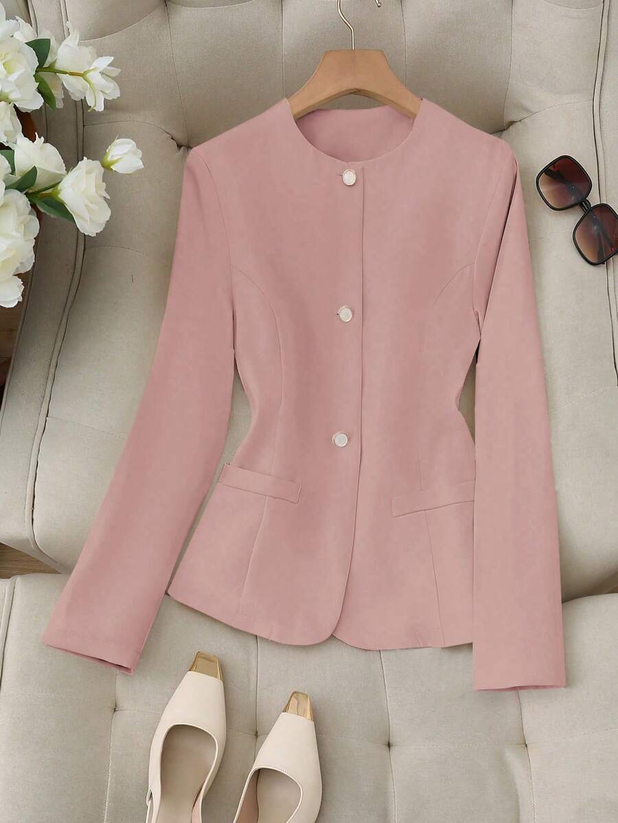 SHEIN LUNE Women Autumn Solid Color Round Neck Long Sleeve Single Breasted Blazer Jacket