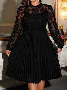 Rometta Women's High-End Round Neck Lace Patchwork Ruched Hem A-Line Waist Slimming Dress, Prom Fall Cloth For Women - Black - View 1