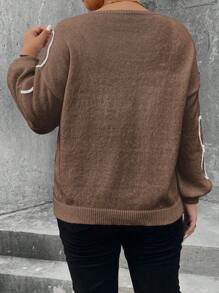 SHEIN Unity Plus Size Women V-Neck Floral Embroidered Relaxed Fit Pullover Sweater For Autumn And Winter Knit Pullover Fall - Brown - View 2