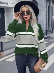 SHEIN Clasi Women Front Zipper Long Sleeve Solid Color Patchwork Simple Casual Pullover Top